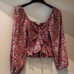 Patrons of Peace Red Floral Tie-Front Smocked Blouse